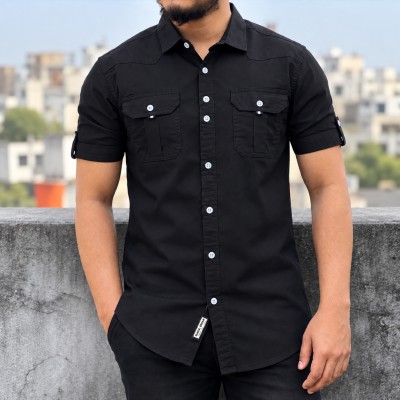 Men's Stylish Shirt - [ Black Shirt on a City Rooftop ]