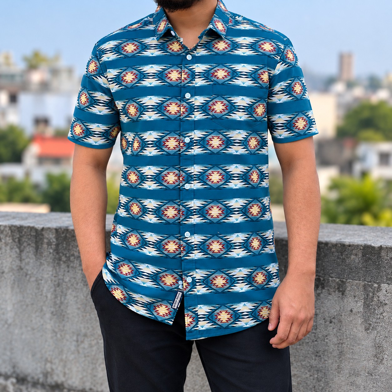 Men's Stylish Shirt - [ Teal Geometric ]