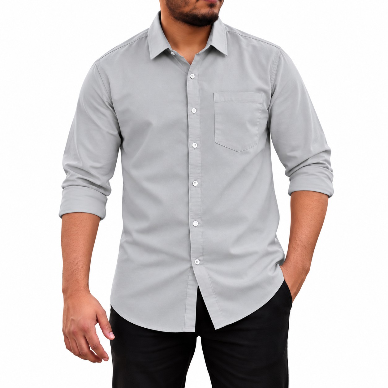 Men's Stylish Solid Full Shirt - [ LIGHT ASH ]